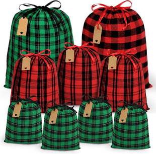 Shintop Christmas Gift Bags Drawstring, 9pcs Reusable Cloth Xmas Sacks Assorted Sized Buffalo Plaid Fabric Holiday Wrapping Pouches with Gift Tags for Party Presents(Red, Green)