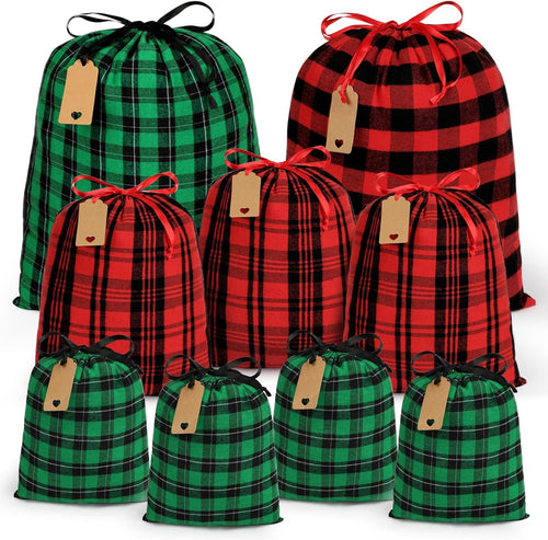 Shintop Christmas Gift Bags Drawstring, 9pcs Reusable Cloth Xmas Sacks Assorted Sized Buffalo Plaid Fabric Holiday Wrapping Pouches with Gift Tags for Party Presents(Red, Green)