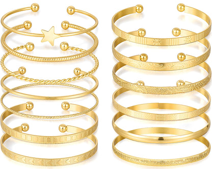FAXHION Gold Bangle Bracelets for Women, 14 Pcs Multi Layer Stackable Bangle Set, 14K Gold Plated Textured Chunky Bracelets Boho Jewelrys Set