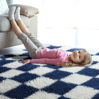 KICMOR Navy Blue and Cream White Rugs for Living Room, 4x6 Fluffy Fuzzy Shag Checkered Rug Shaggy Carpet for Bedroom, Soft Plush Area Rug for Nursery Toddler Room Classroom Study Room Kids Room