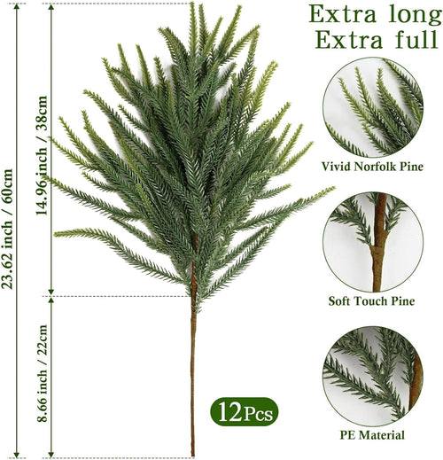 12Pcs Christmas Norfolk Pine Stems, 24'' Long Artificial Evergreen Norfolk Pine Branches, Real Touch Greenery Picks, Faux Floral Branch for Mantel DIY Xmas Home Decoration Indoor Christmas Decor