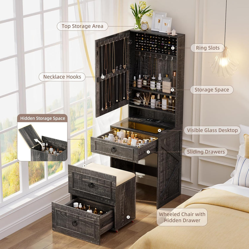 Gurexl 3 in 1 Small Vanity Desk with Lights and Mirror,Tall Lighted Compact Vanity with Charging Station,Makeup Vanity Set with Jewelry Armoire,Glass Top,Wheeled Stool with Storage,3 Drawers