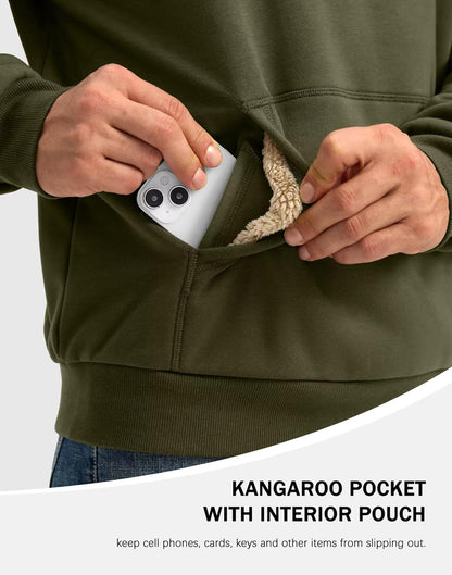 Pudolla Men's Sherpa Lined Sweatshirts Warm Soft Crewneck Sweatshirts Heavyweight Winter Pullover Kangaroo with Pouch Pocket