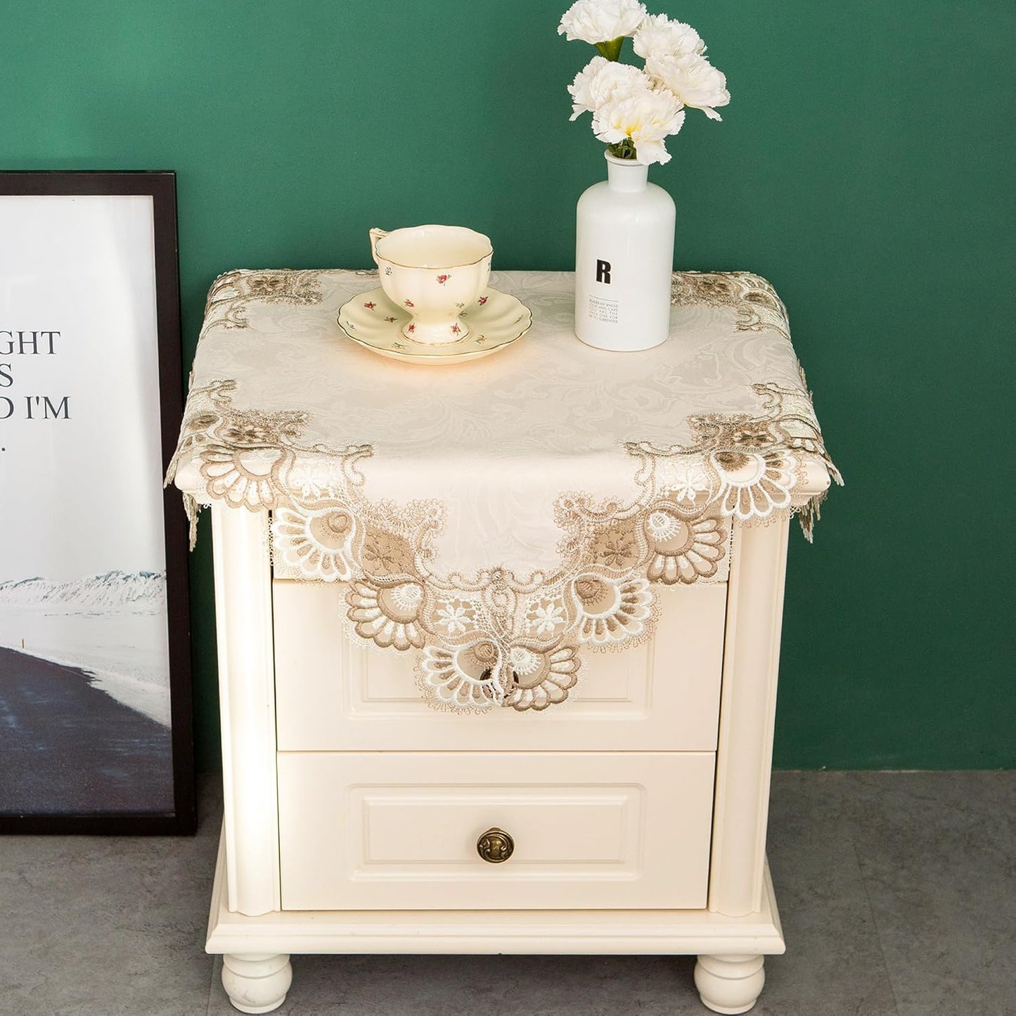 Lace Small Square Tablecloth Embroidered Farmhouse Table Cloth with Macrame Border Side Table Cover for Dresser Beside Table Nightstand Stone 24x24 inch
