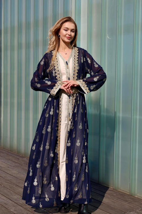 HUSN Embroidered Two-Piece Abaya Set Long Cardigan with Gold Embroidery with Plus Size Inner Slip Kaftan for Eid