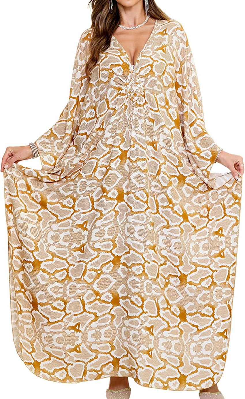 Women Kaftan Dresses Plus Size V-Neck Batwing Sleeves Beach Cover Up 2025 Summer Floral Print Caftan Dress