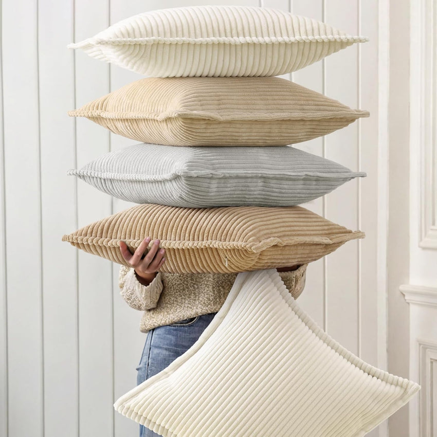 decorUhome Christmas Corduroy Cream White Throw Pillow Covers 18x18 Set of 2 Decorative Soft Boho Farmhouse Euro Couch Pillow Covers for Living Room Bed Sofa Broadside Striped Pillow Cases