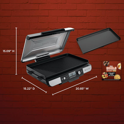 Ninja Sizzle Pro XL 20-Inch Indoor Griddle + Grill, Detachable Ventilated Lid, Grease Control, Ceramic Nonstick Plates, Even Edge-to-Edge Cooking, Extra Large Capacity, Versatile, Silver, GX101