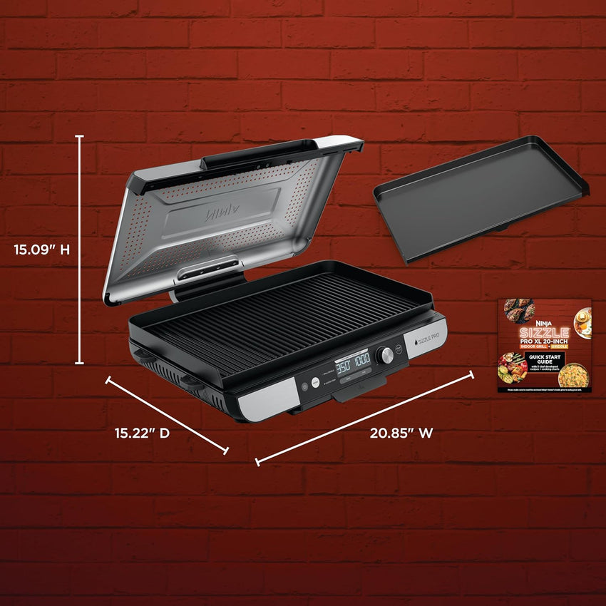Ninja Sizzle Pro XL 20-Inch Indoor Griddle + Grill, Detachable Ventilated Lid, Grease Control, Ceramic Nonstick Plates, Even Edge-to-Edge Cooking, Extra Large Capacity, Versatile, Silver, GX101