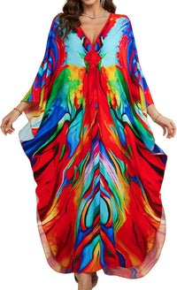 Women Kaftan Dresses Plus Size V-Neck Batwing Sleeves Beach Cover Up 2025 Summer Floral Print Caftan Dress
