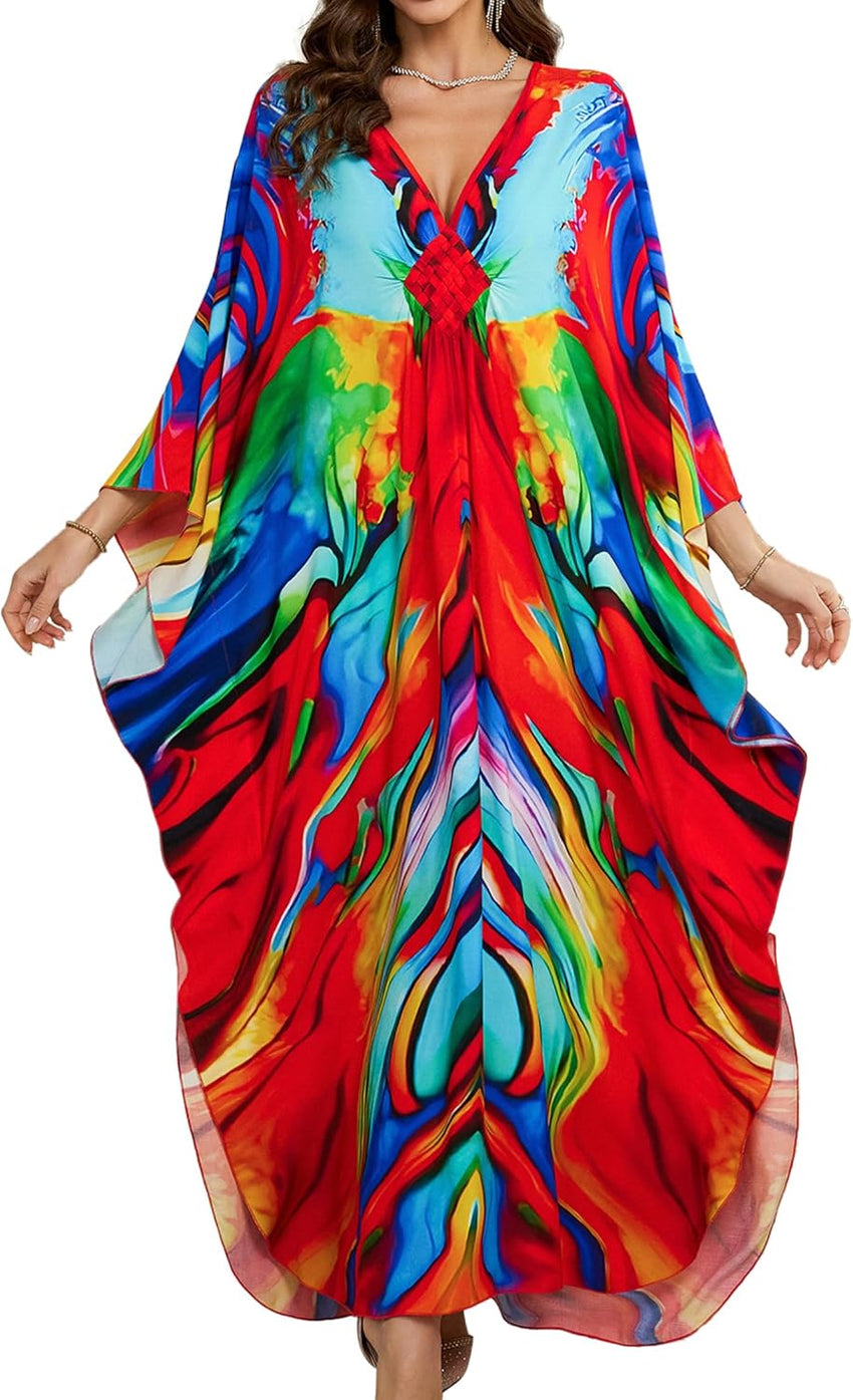 Women Kaftan Dresses Plus Size V-Neck Batwing Sleeves Beach Cover Up 2025 Summer Floral Print Caftan Dress