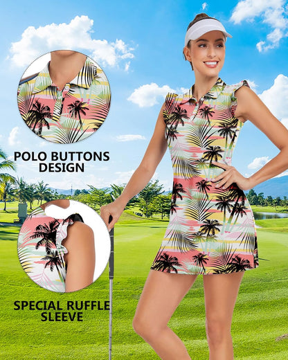 WOWENY Tennis Dress Polo Buttons Golf Dresses with Built in Shorts and Pockets Ruffle Sleeveless Athletic Workout Dress