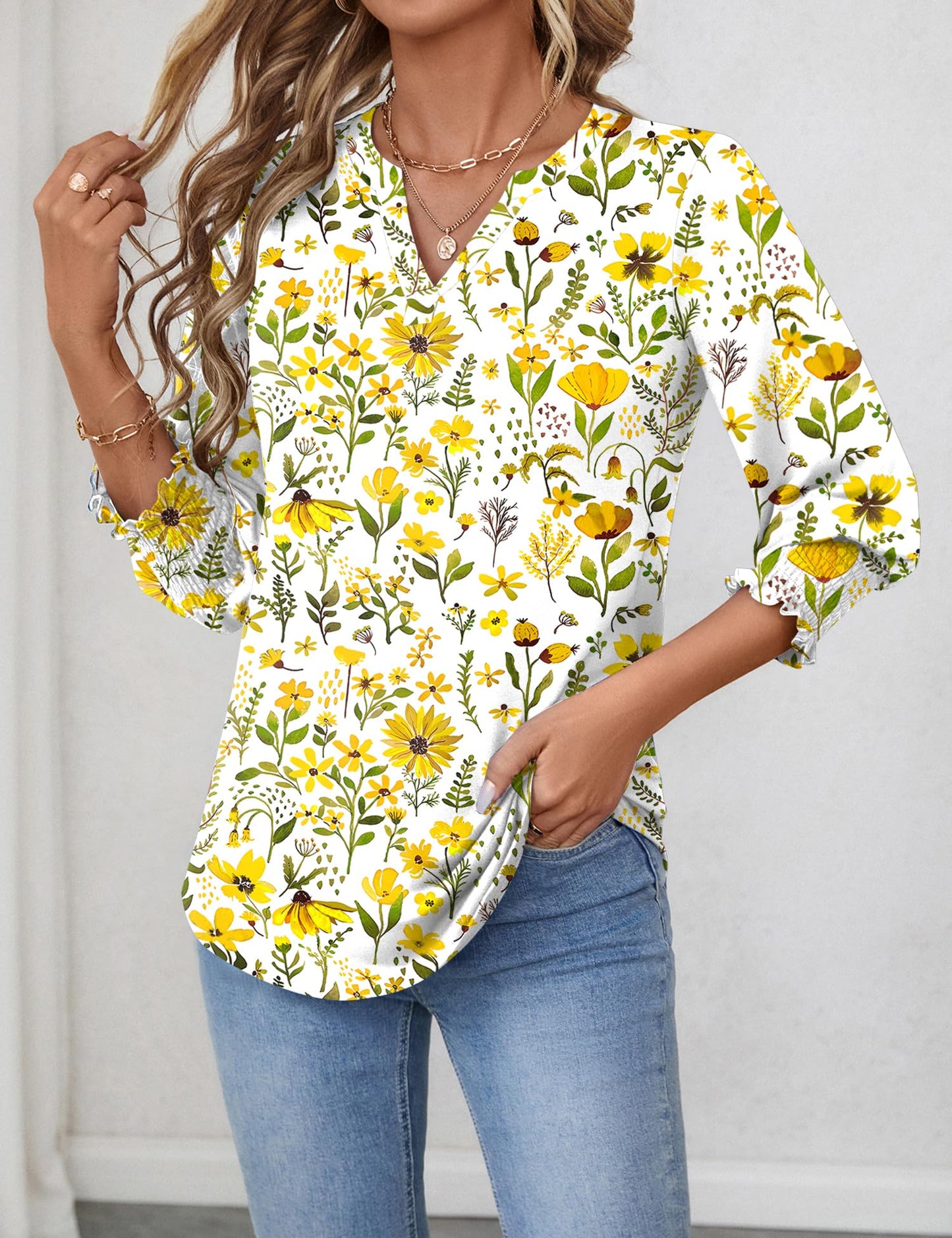 LOMON Blouses for Women Dressy Casual 3/4 Sleeve Tops for Women V Neck T Shirt Ladies Tops and Blouses Orange Blue Print L