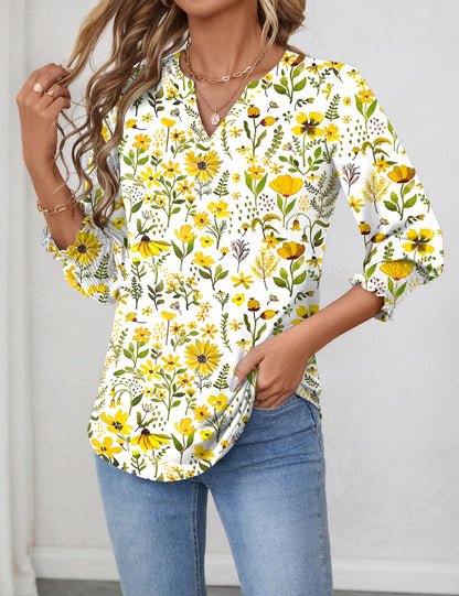 LOMON Blouses for Women Dressy Casual 3/4 Sleeve Tops for Women V Neck T Shirt Ladies Tops and Blouses Orange Blue Print L