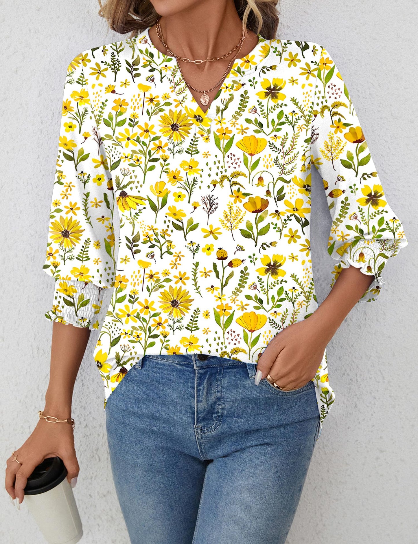 LOMON Blouses for Women Dressy Casual 3/4 Sleeve Tops for Women V Neck T Shirt Ladies Tops and Blouses Orange Blue Print L