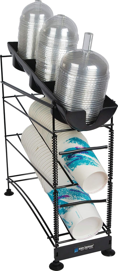 San Jamar Wireworks Cup and Lid Dispenser Fits 8 - 44 Oz. Cups, 3 Tiers with Suction Cup Feet for Restaurants, Fast Food, And Kitchens, Plastic, 8.25 X 20.5 X 22.5 Inches, Black