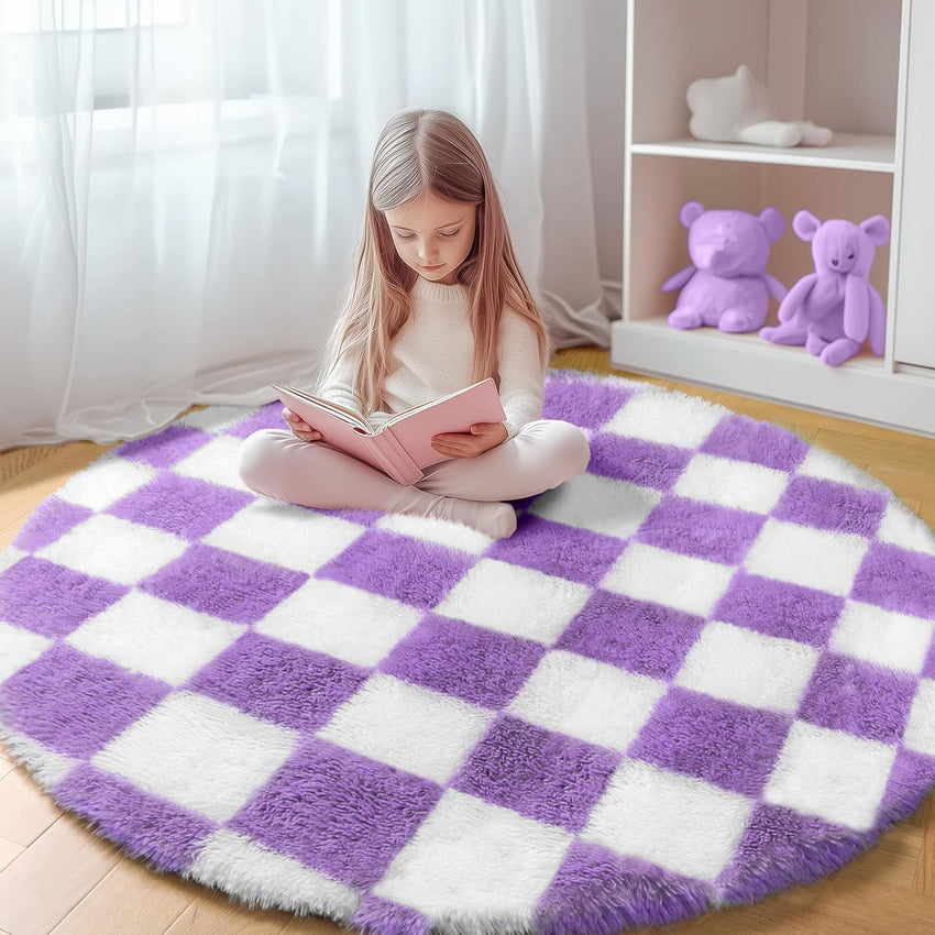 KICMOR Navy Blue and Cream White Rugs for Living Room, 4x6 Fluffy Fuzzy Shag Checkered Rug Shaggy Carpet for Bedroom, Soft Plush Area Rug for Nursery Toddler Room Classroom Study Room Kids Room