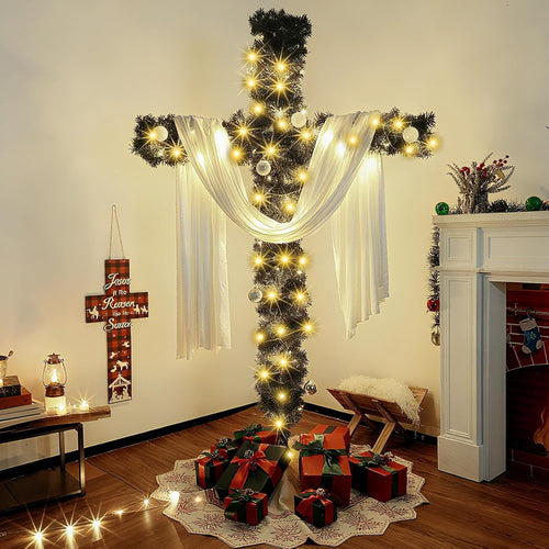 6Ft Artificial Christmas Cross Tree with a String Lights and a White Silk Scarf Christmas Easter Decorations Jesus Christ Catholic Cross Decor He is Risen Decorative Cross Tree for Outdoor Home Decor