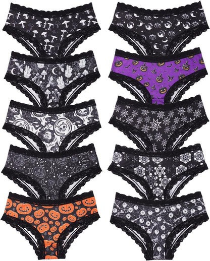 Morvia 10pcs Women's Gothic Contrast Lace Halloween Skull & Rose Print Hipster Panties Assorted Styles
