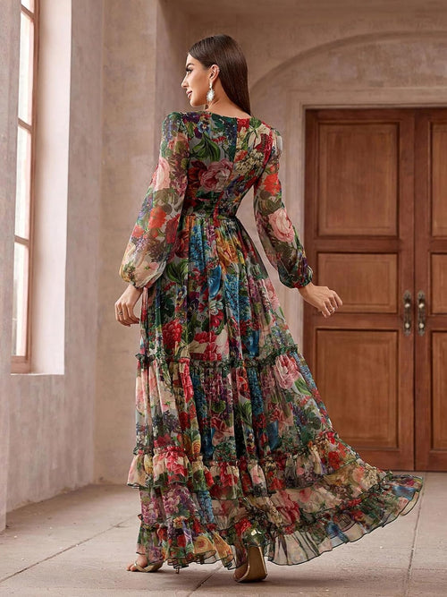 Summer Casual Dresses for Women 2024 Spring Fashion Boho V Neck Long Sleeve Ruffle Floral Print Elegant Maxi Dress