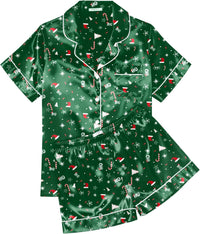 Ekouaer Womens Silk Satin Pajama Sets Soft Short Sleeve Button Down Sleepwear Top and Shorts 2 Piece Pjs Lounge Set