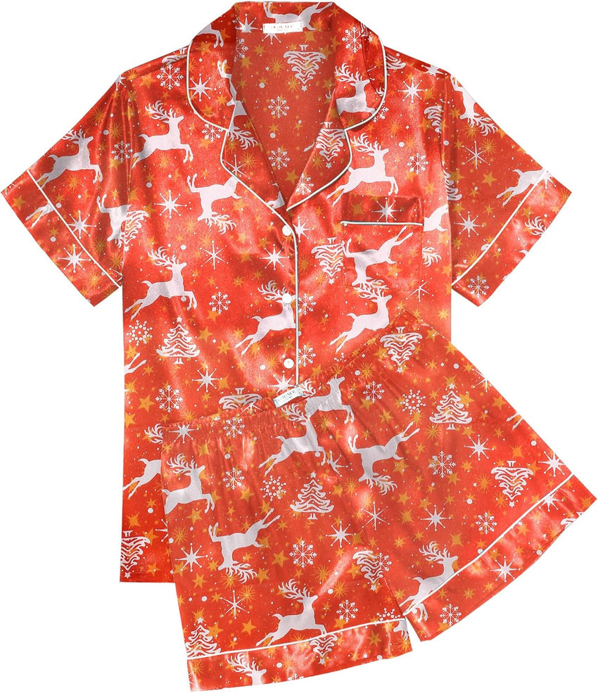 Ekouaer Womens Silk Satin Pajama Sets Soft Short Sleeve Button Down Sleepwear Top and Shorts 2 Piece Pjs Lounge Set