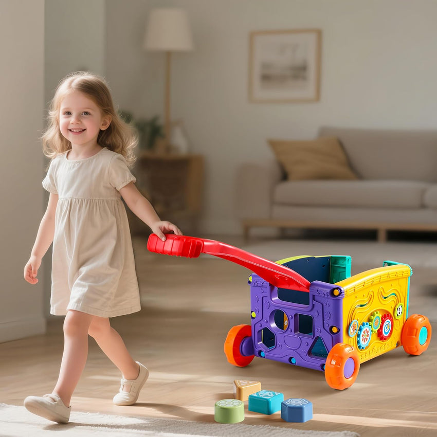 Musical Push Walker Toy for Toddlers 18+ Months - Educational Activity Wagon with Blocks, Learning Walking Assistant with Handle for Boys & Girls