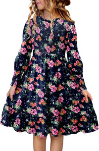 Yoklass Girls Smocked Dress Casual Puff Long Sleeve Ruffle Neck Dresses 4-13 Years