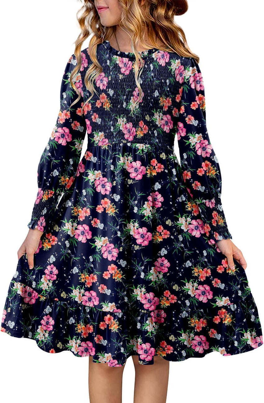 Yoklass Girls Smocked Dress Casual Puff Long Sleeve Ruffle Neck Dresses 4-13 Years