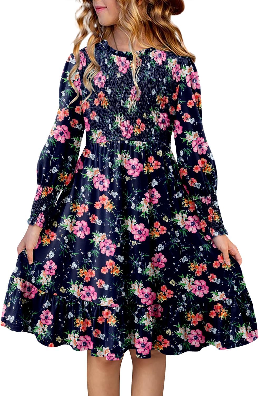 Yoklass Girls Smocked Dress Casual Puff Long Sleeve Ruffle Neck Dresses 4-13 Years