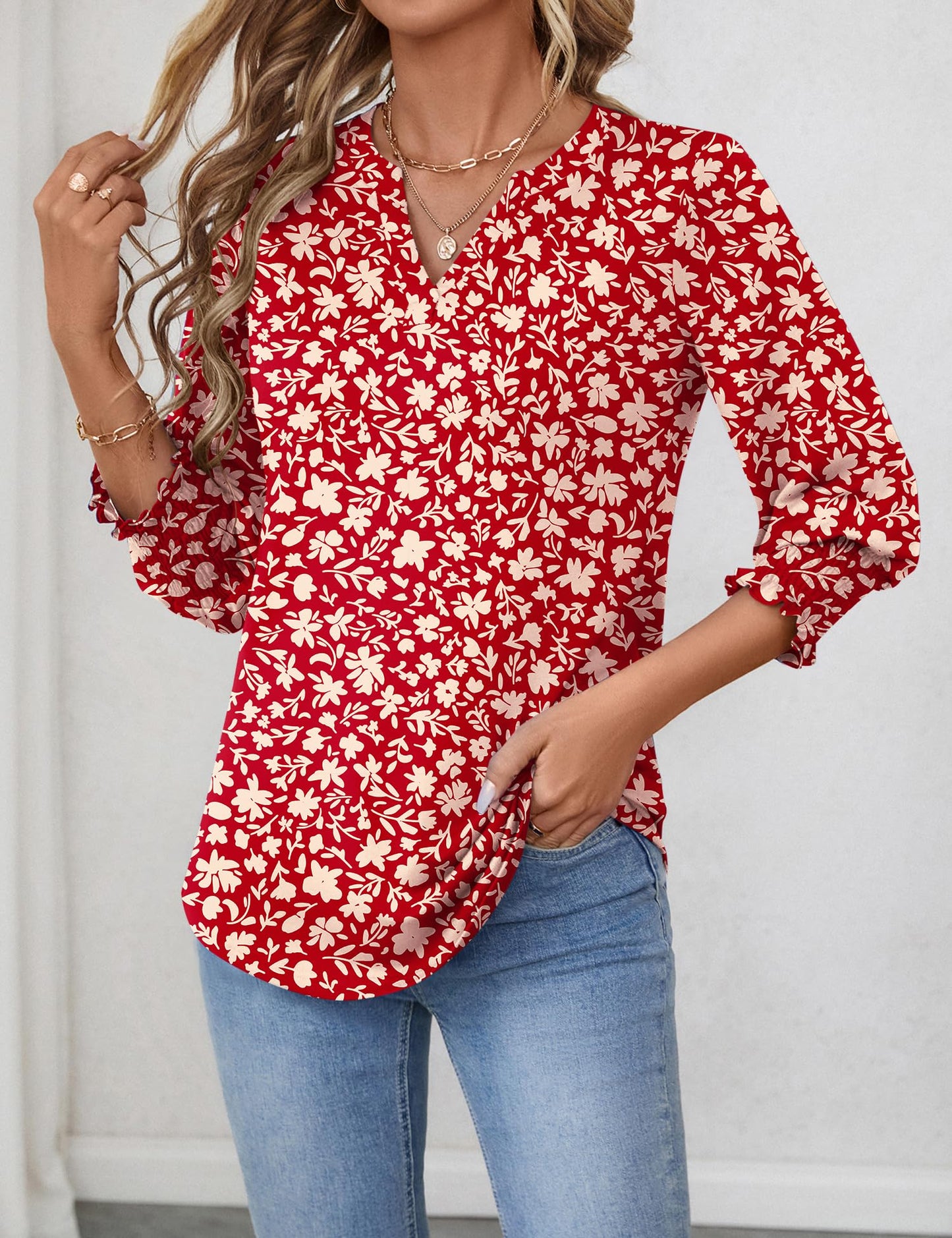 LOMON Blouses for Women Dressy Casual 3/4 Sleeve Tops for Women V Neck T Shirt Ladies Tops and Blouses Orange Blue Print L