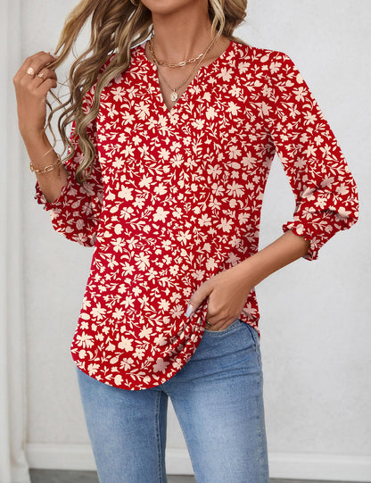 LOMON Blouses for Women Dressy Casual 3/4 Sleeve Tops for Women V Neck T Shirt Ladies Tops and Blouses Orange Blue Print L