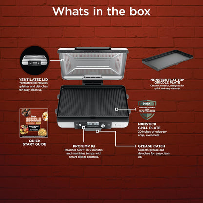 Ninja Sizzle Pro XL 20-Inch Indoor Griddle + Grill, Detachable Ventilated Lid, Grease Control, Ceramic Nonstick Plates, Even Edge-to-Edge Cooking, Extra Large Capacity, Versatile, Silver, GX101