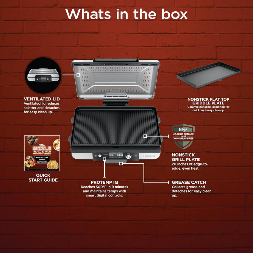 Ninja Sizzle Pro XL 20-Inch Indoor Griddle + Grill, Detachable Ventilated Lid, Grease Control, Ceramic Nonstick Plates, Even Edge-to-Edge Cooking, Extra Large Capacity, Versatile, Silver, GX101
