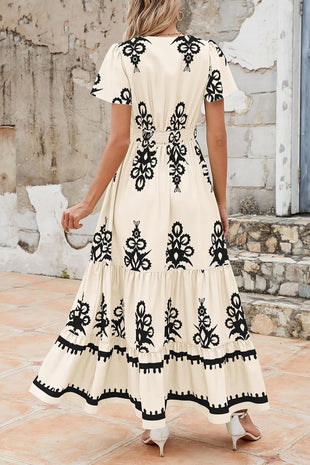 PRETTYGARDEN Womens 2025 Summer Casual V Neck Boho Maxi Dress Flowy Aline Bell Sleeve Tiered Floral Dresses with Pocket