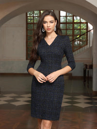 M.Infisavo Sheath Dresses for Women 2025 Notch V Neck 3/4 Sleeves Slim Fit Office Pencil Dress