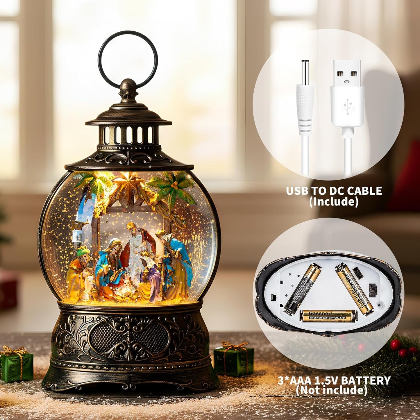 Christmas Snow Globes, Adoration of The Magi Nativity Manger Scene, Silent Night Music Water Lantern, Holiday Decorations Gifts for Family, Children or Friends
