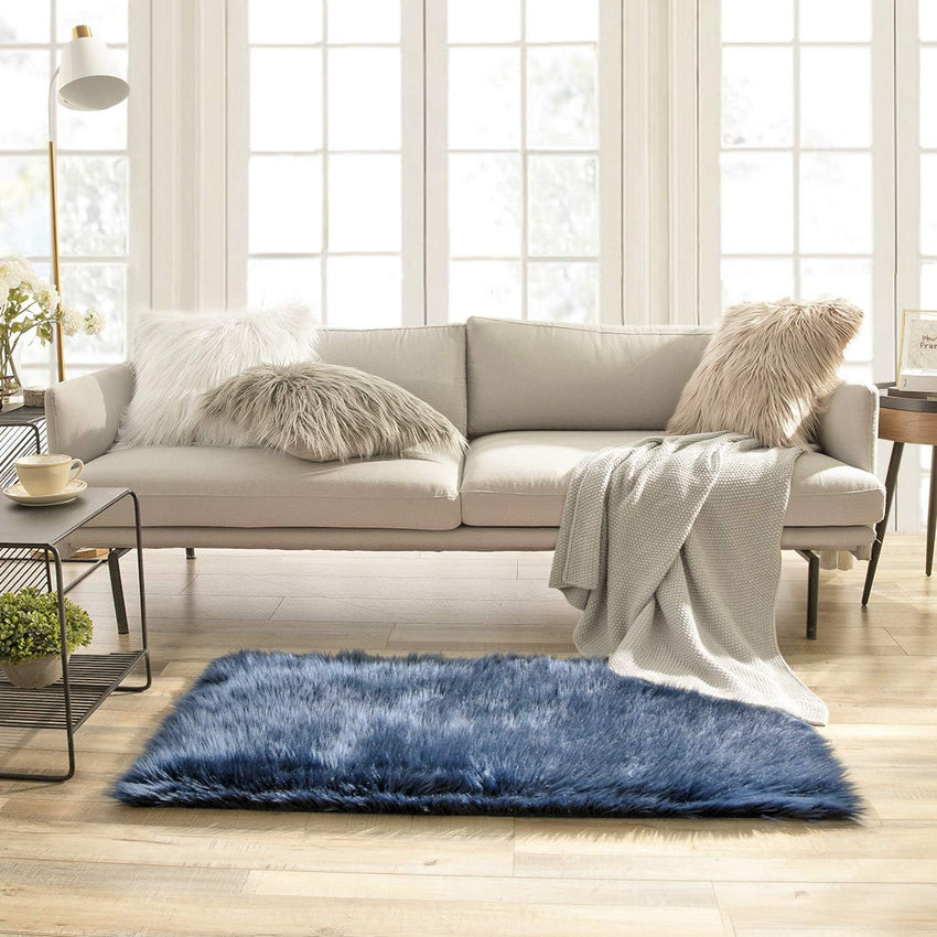 Ashler Faux Fur Rug, Dark Blue Area Rugs, Fluffy Sheepskin Fur Rug, Fuzzy Ultra Soft 2 x 6 Ft Rugs, Machine Washable Shag Rug, Nursery Throw Rugs for Bed, Living, Kids Room