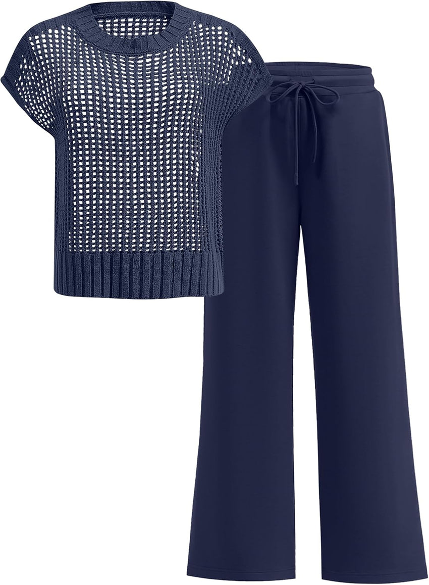 ANRABESS Women Two Piece Outfits Crochet Sheer Knit Sweater Top Wide Leg Pants Lounge Matching Sets Sweatsuit Travel Clothes