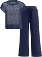 ANRABESS Women Two Piece Outfits Crochet Sheer Knit Sweater Top Wide Leg Pants Lounge Matching Sets Sweatsuit Travel Clothes
