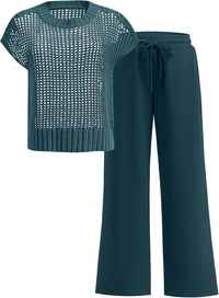ANRABESS Women Two Piece Outfits Crochet Sheer Knit Sweater Top Wide Leg Pants Lounge Matching Sets Sweatsuit Travel Clothes