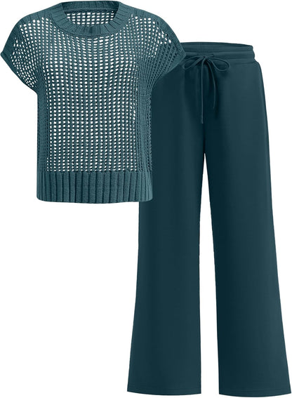 ANRABESS Women Two Piece Outfits Crochet Sheer Knit Sweater Top Wide Leg Pants Lounge Matching Sets Sweatsuit Travel Clothes