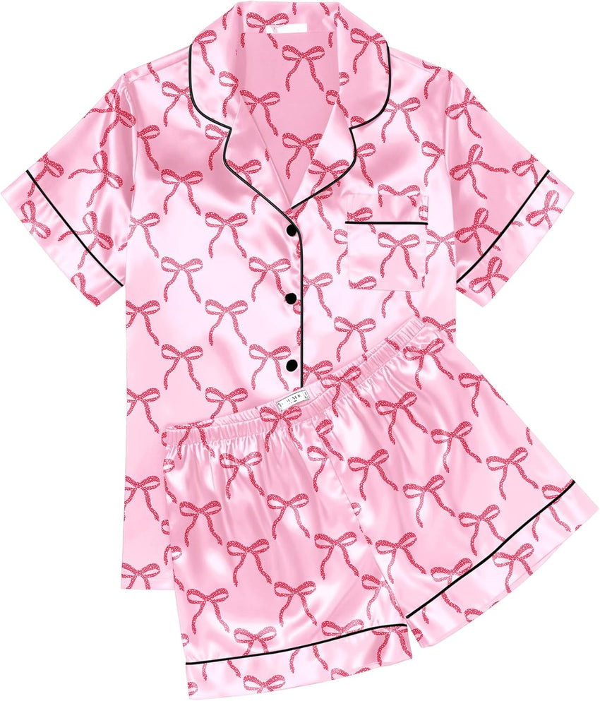 Ekouaer Womens Silk Satin Pajama Sets Soft Short Sleeve Button Down Sleepwear Top and Shorts 2 Piece Pjs Lounge Set