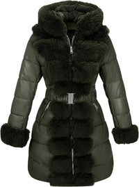 RISISSIDA Women Winter Fur Lined Coat,Puffer Jacket with Long Fur Trim Hooded,Warm Leather Bubble Overcoat Cold-resistant