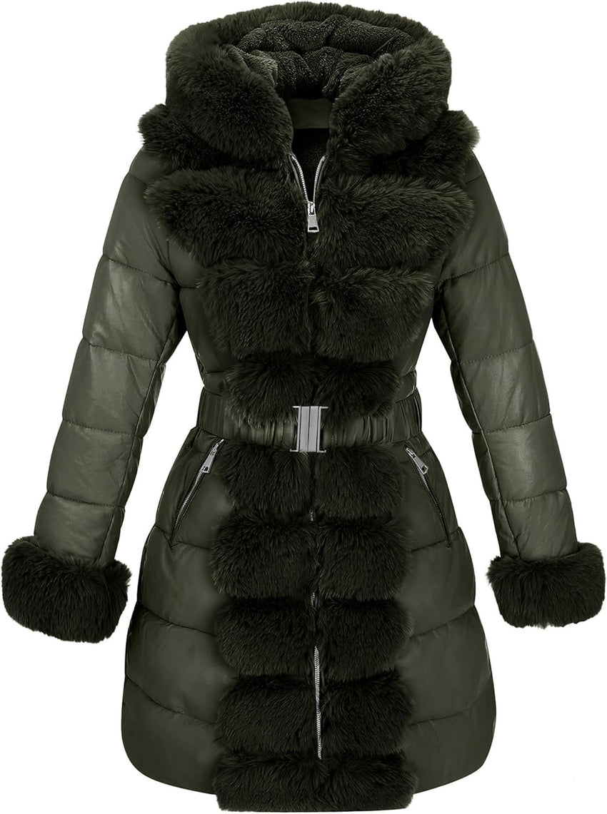 RISISSIDA Women Winter Fur Lined Coat,Puffer Jacket with Long Fur Trim Hooded,Warm Leather Bubble Overcoat Cold-resistant