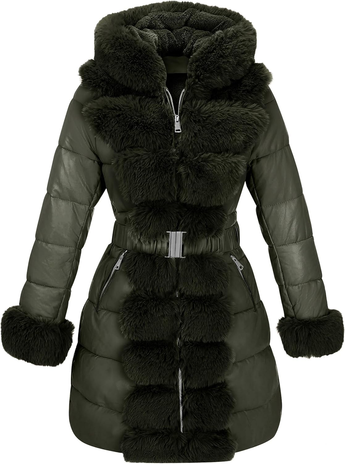 RISISSIDA Women Winter Fur Lined Coat,Puffer Jacket with Long Fur Trim Hooded,Warm Leather Bubble Overcoat Cold-resistant
