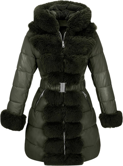 RISISSIDA Women Winter Fur Lined Coat,Puffer Jacket with Long Fur Trim Hooded,Warm Leather Bubble Overcoat Cold-resistant