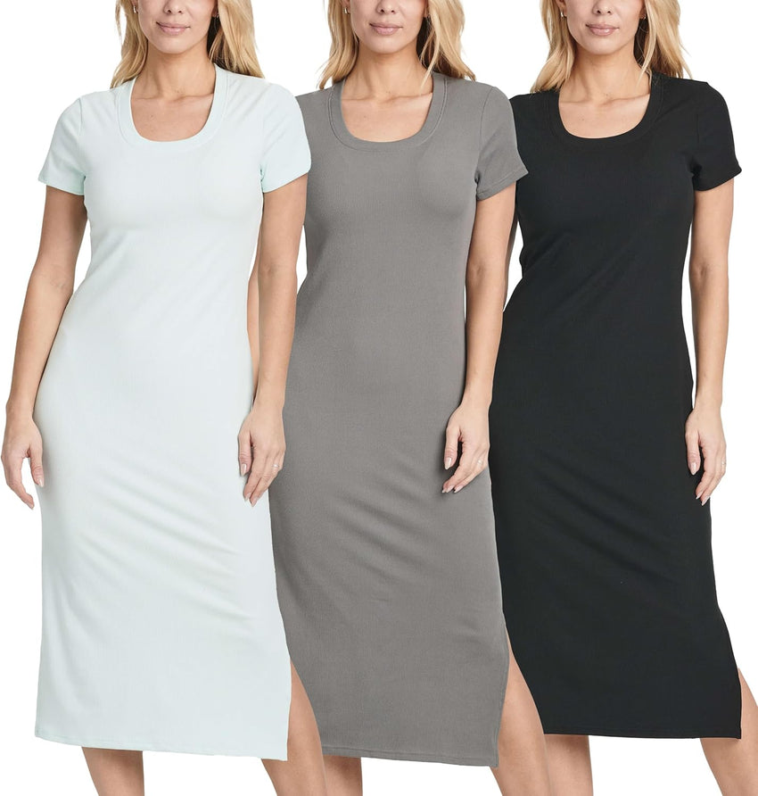Real Essentials 3 Pack: Women's Ribbed Jersey Crew Neck Short Sleeve Midi Length Dress with Side Slit