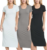 Real Essentials 3 Pack: Women's Ribbed Jersey Crew Neck Short Sleeve Midi Length Dress with Side Slit