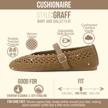 CUSHIONAIRE Graff Mary Jane Shoes for Women, Woven Ballet Flats with Adjustable Buckle Strap, Lightweight Slip On Shoes